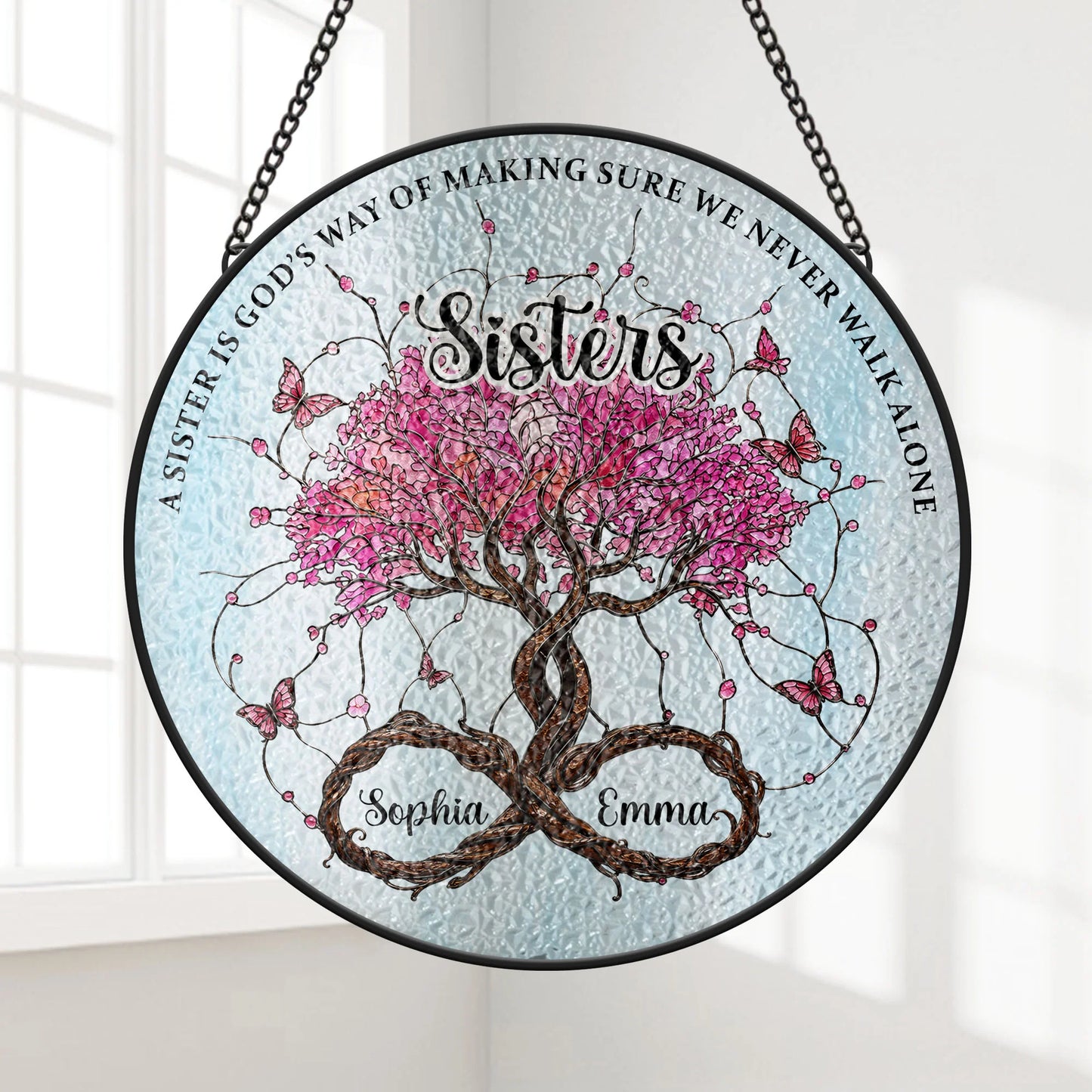 Never Walk Alone Personalized Sister Glass Suncatcher - Custom Tree of Life Window Hanging Keepsake Gift for Best Friends