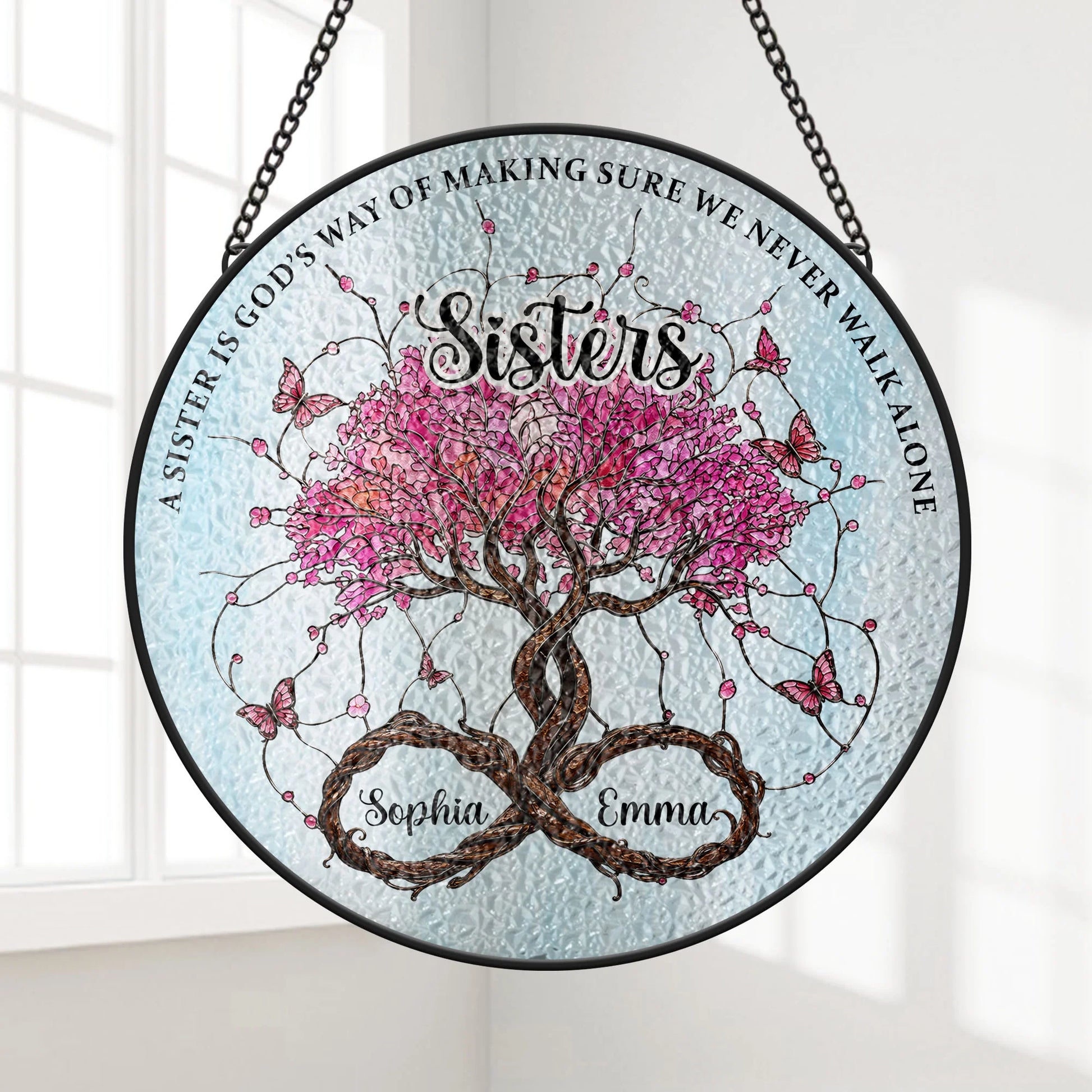 Never Walk Alone Personalized Sister Glass Suncatcher - Custom Tree of Life Window Hanging Keepsake Gift for Best Friends