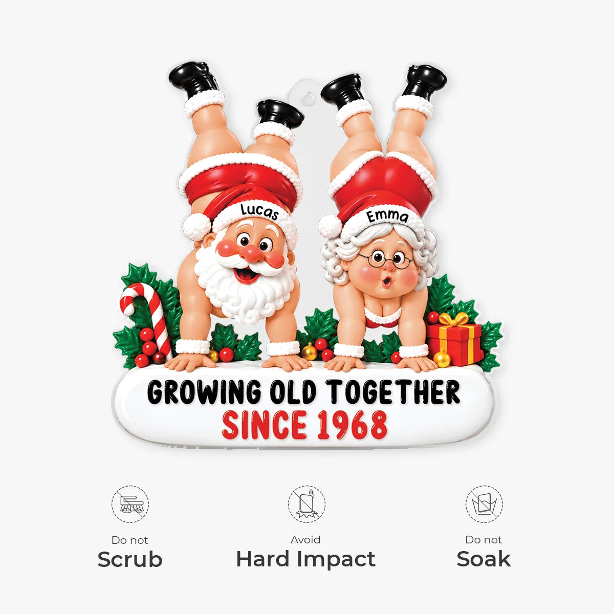 "Growing Old Together" Handstand Santa Personalized Acrylic Ornament - Christmas Gift for Couples