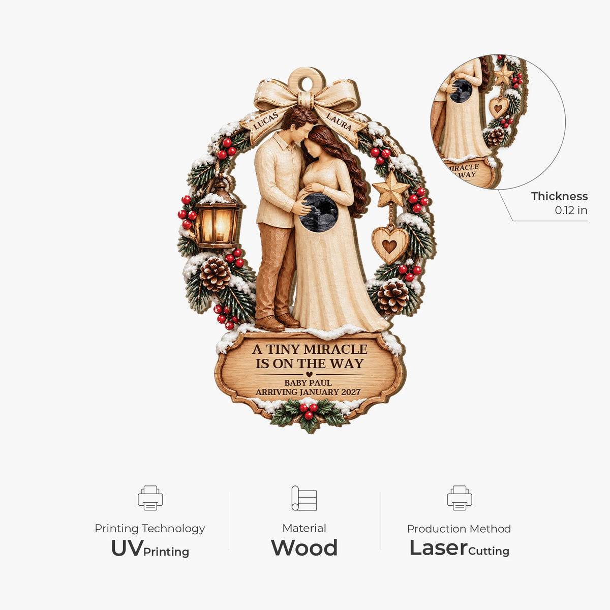 A Tiny Miracle Is On The Way - Personalized Ultrasound Wooden Ornament for Expecting Parents