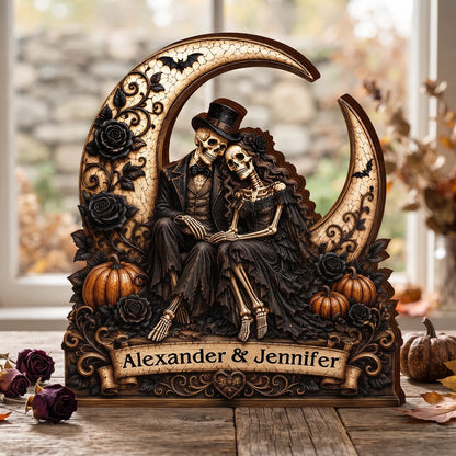 Eternal Skeleton Couple On Moon Personalized Wooden Block - Custom Gothic Halloween Wedding Gift for Couples