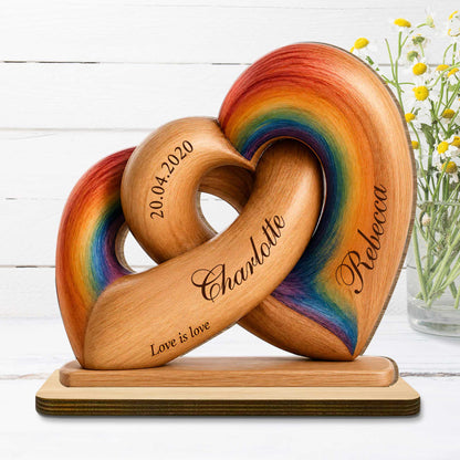 Custom Lgbtq Rainbow Heart Wooden Plaque personalization view for Couples