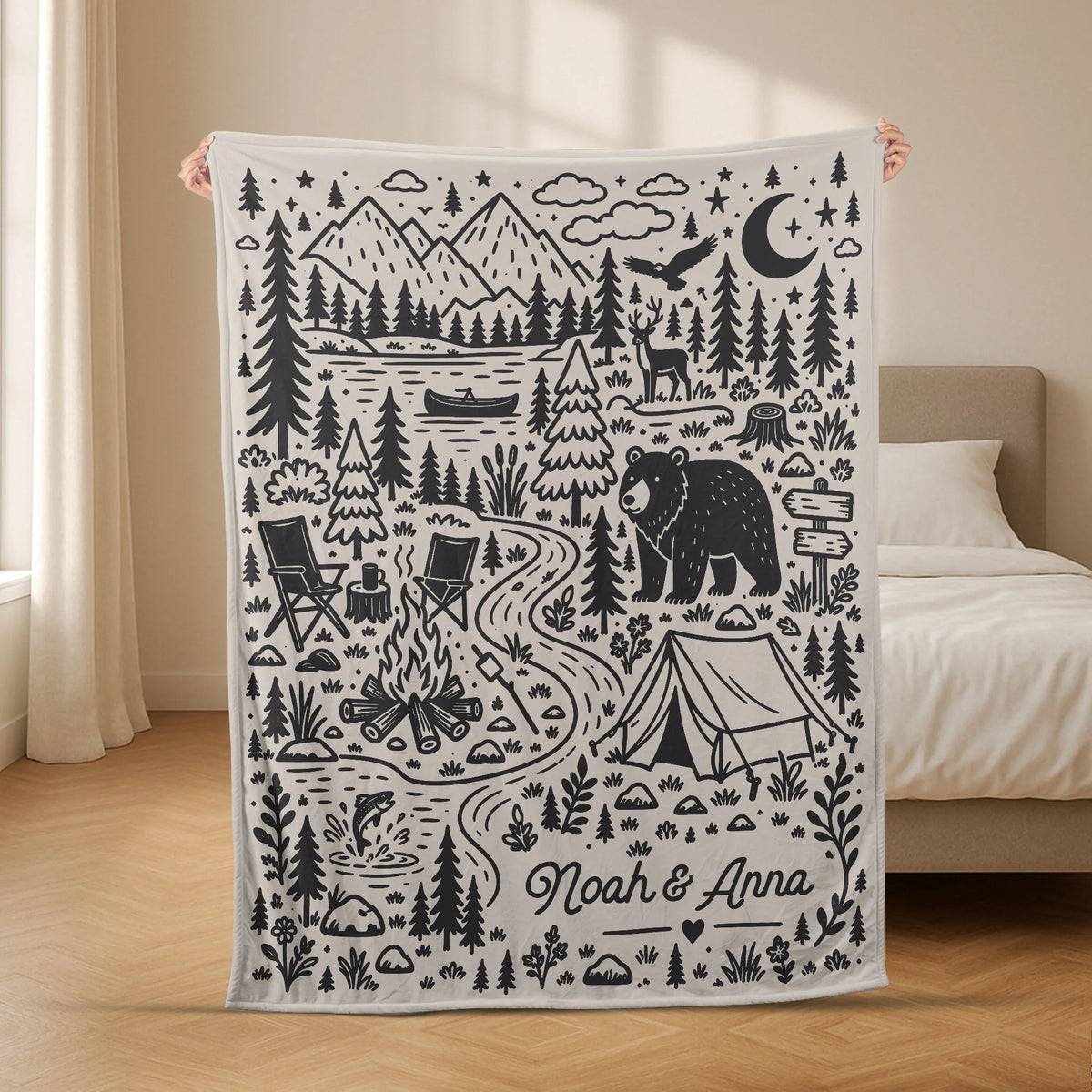 Camping Adventure Personalized Couple Blanket - Custom Names Keepsake Gift for Outdoor Lovers