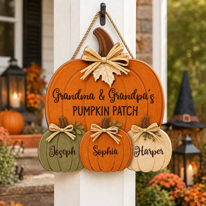 Grandma & Grandpa's Pumpkin Patch Personalized Wood Sign - Custom Grandparents Fall Door Hanger