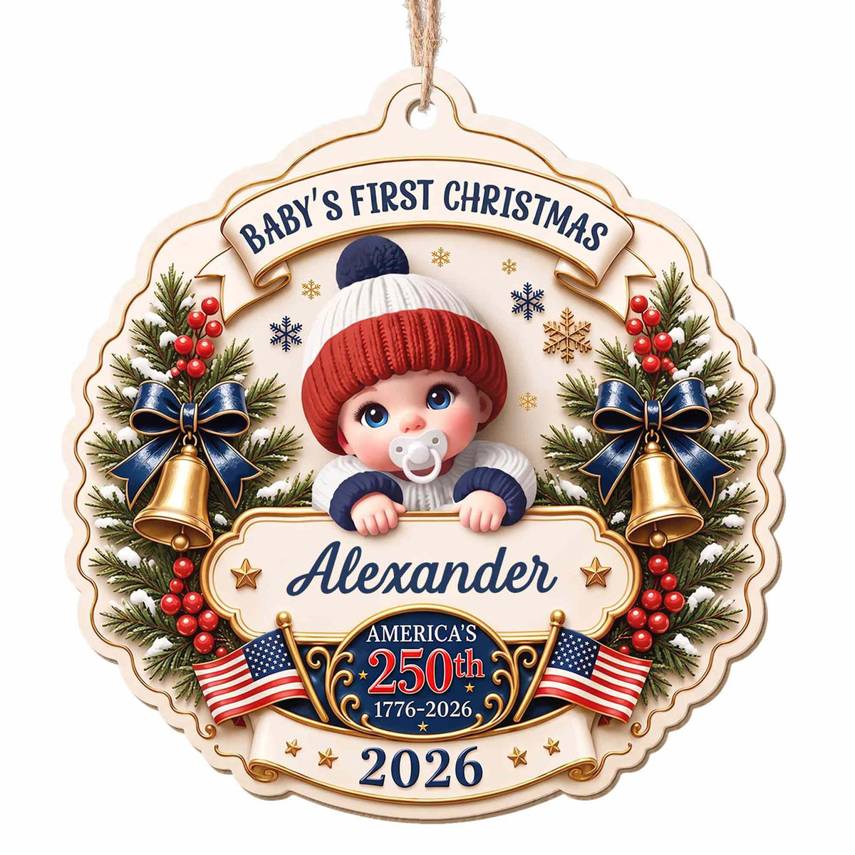 "Baby’s First Christmas" Personalized Wooden Ornament - America’s 250th Anniversary Keepsake for New Parents