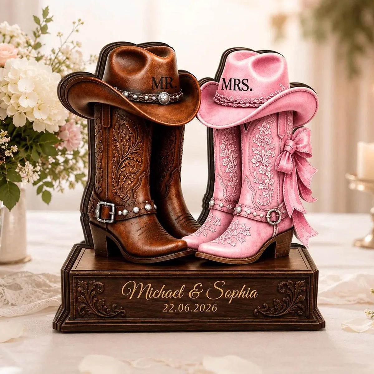 Personalized wedding gift for couples featuring custom printed cowboy boots wooden plaque with names and date