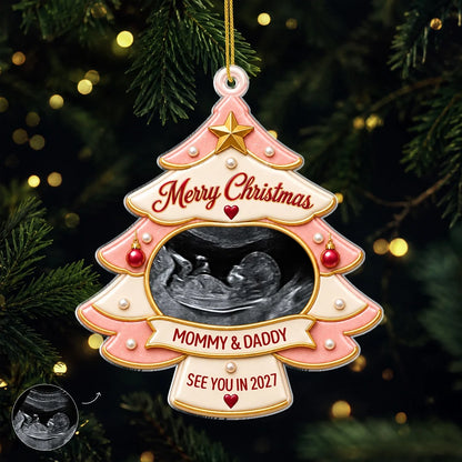 Merry Christmas Mommy and Daddy Custom Photo Acrylic Ornament - Personalized Ultrasound Christmas Gift for Expecting Parents