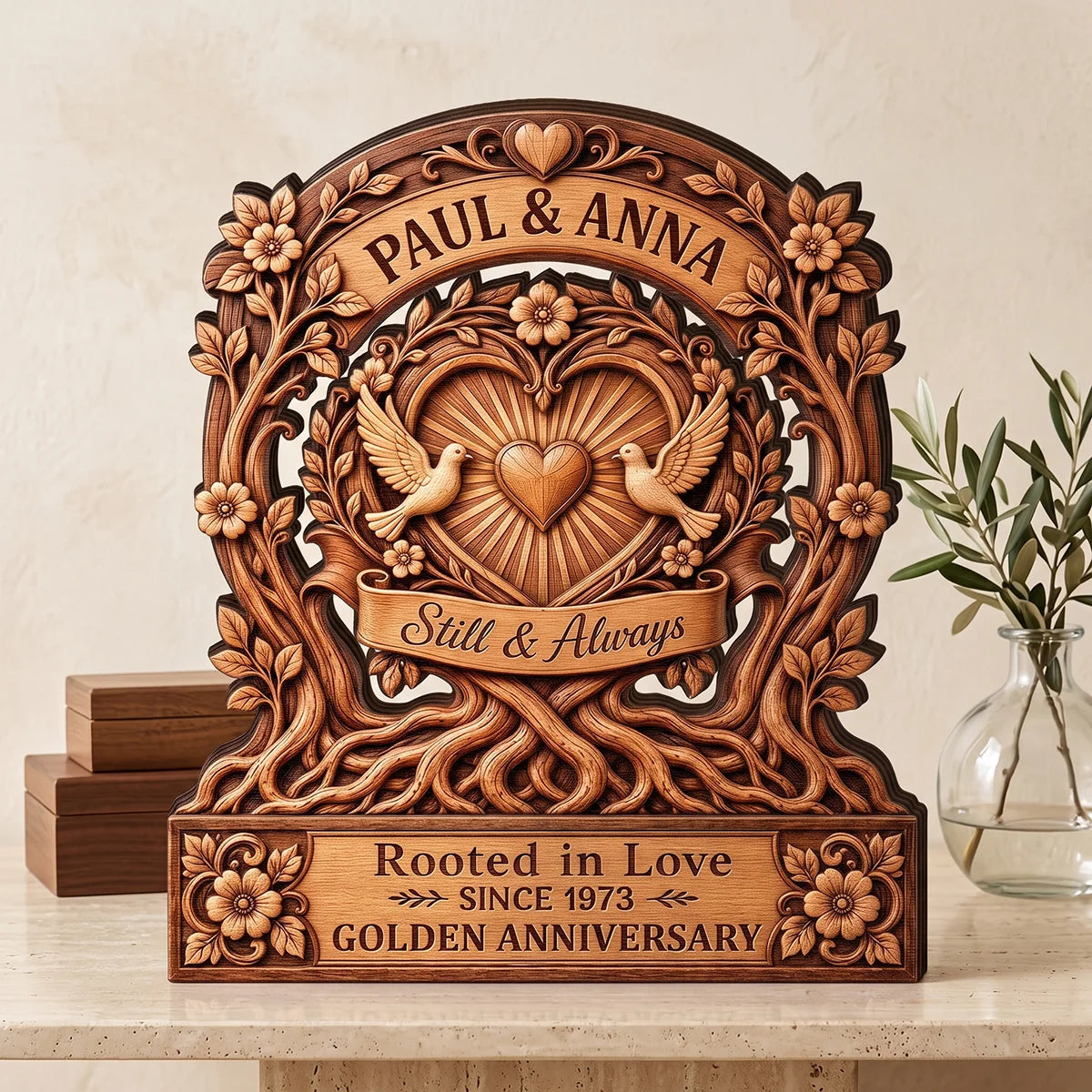 "Still & Always Rooted in Love" Personalized Wooden Block - Custom Anniversary Gift for Couples