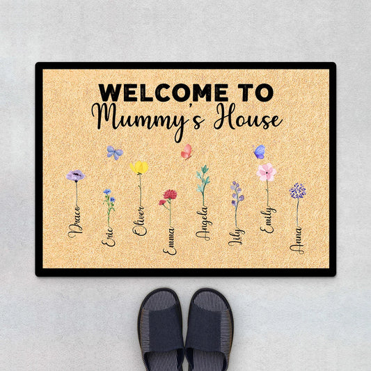 Welcome To Grandma's House Personalized Doormat - Custom Birth Flower Mat for Mom & Grandma