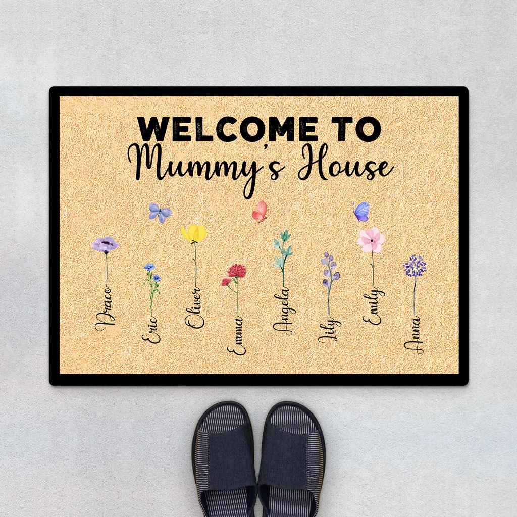 Welcome To Grandma's House Personalized Doormat - Custom Birth Flower Mat for Mom & Grandma