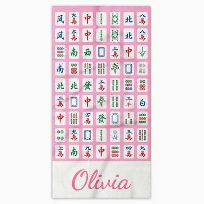 Personalized mahjong beach towel in vibrant pink with custom name print for summer pool days image 9