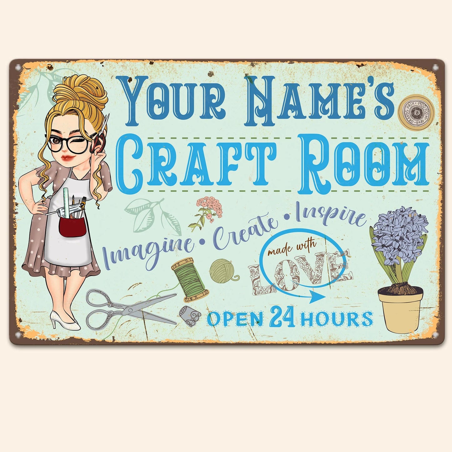 "Imagine Create Inspire" Personalized Craft Room Metal Sign - Custom Sewing Decor Gift