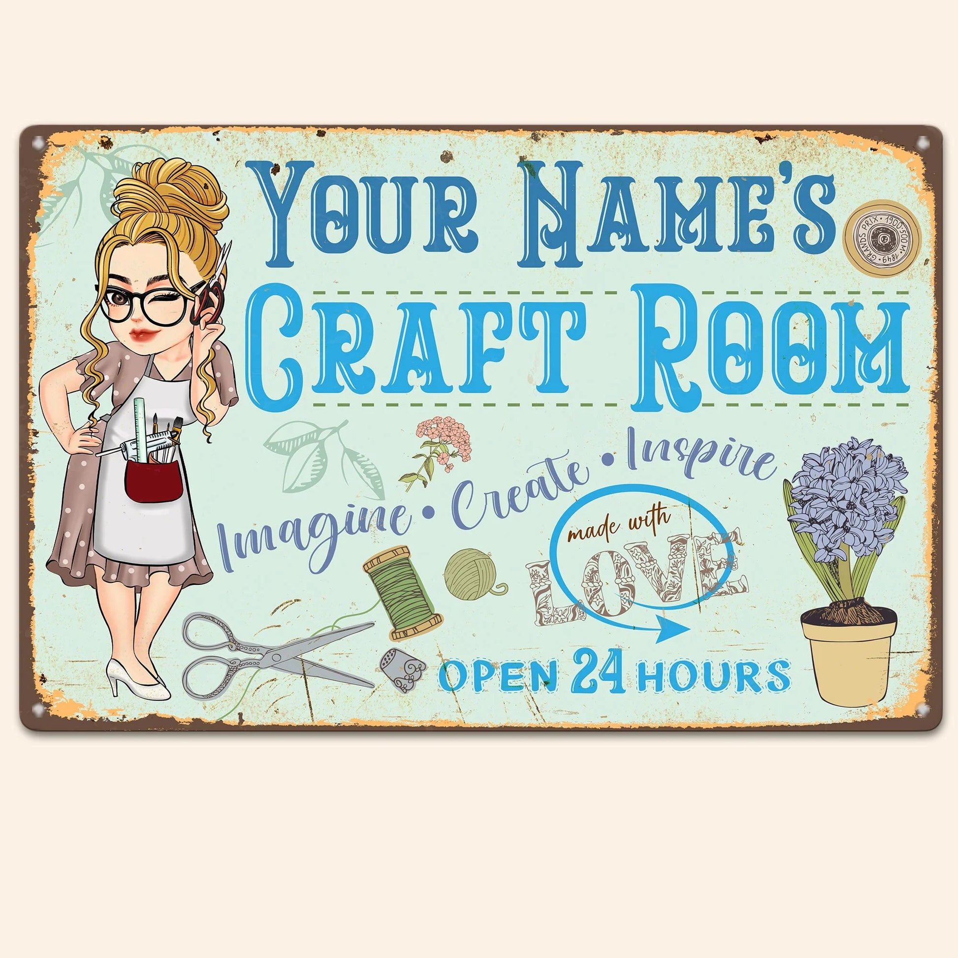 "Imagine Create Inspire" Personalized Craft Room Metal Sign - Custom Sewing Decor Gift