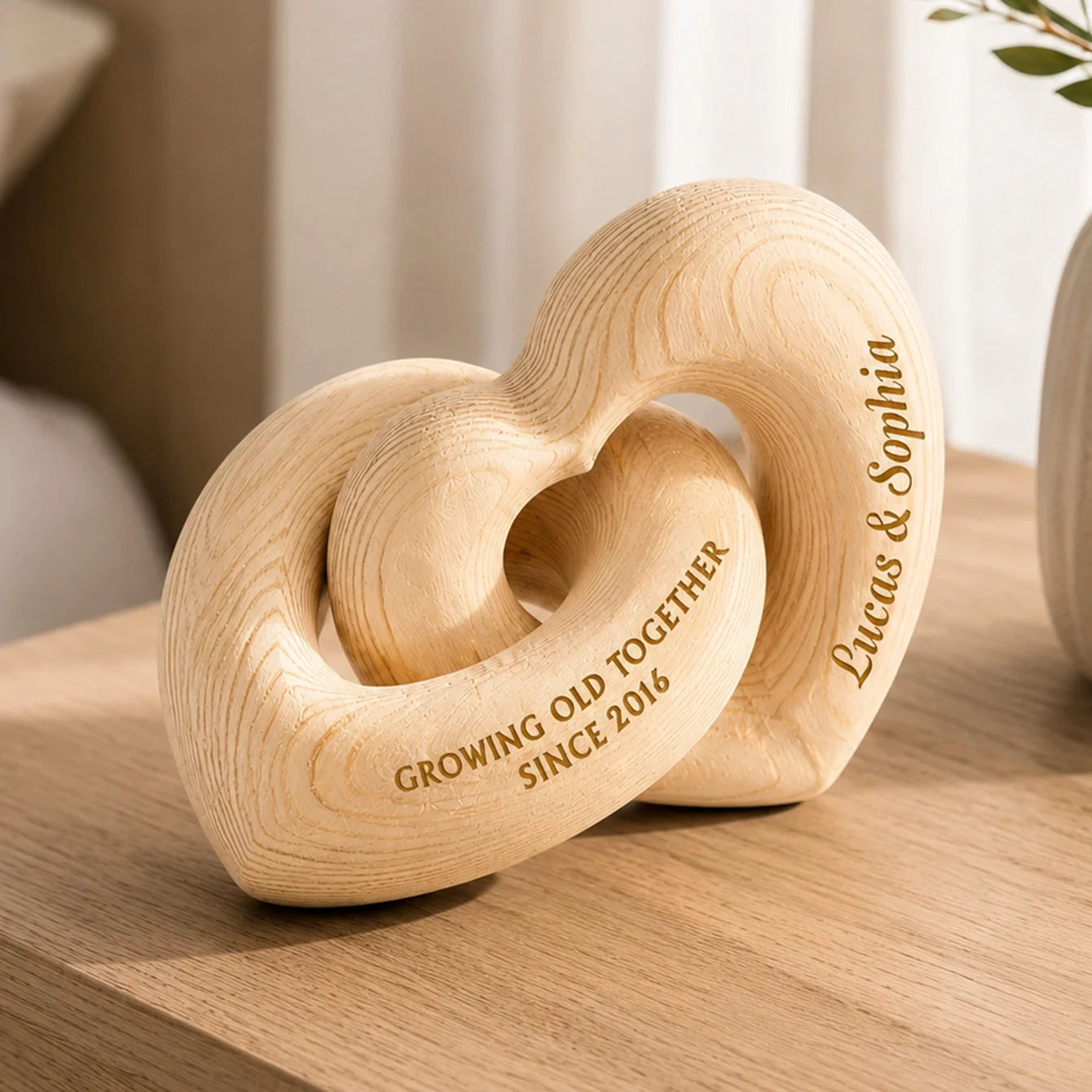 Growing Old Together Personalized Wooden Heart Sculpture - Custom Anniversary Gift for Couples