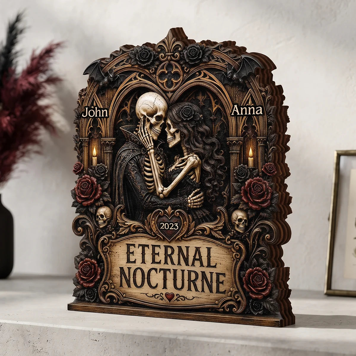 Eternal Nocturne Gothic Skeleton Couple - Personalized Wooden Block Gift