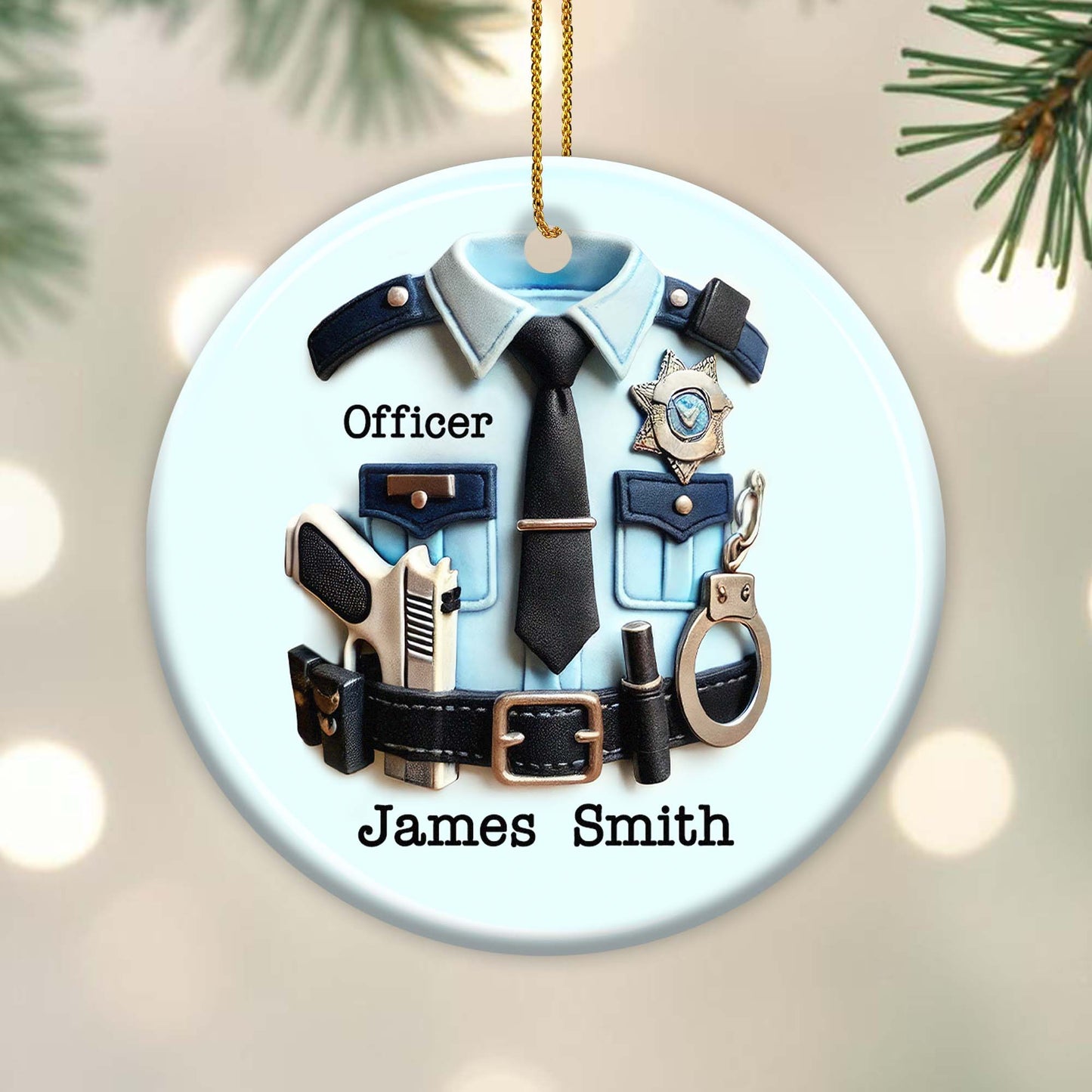 Ceramic Ornament material and size view - Personalized Police Officer Ornament