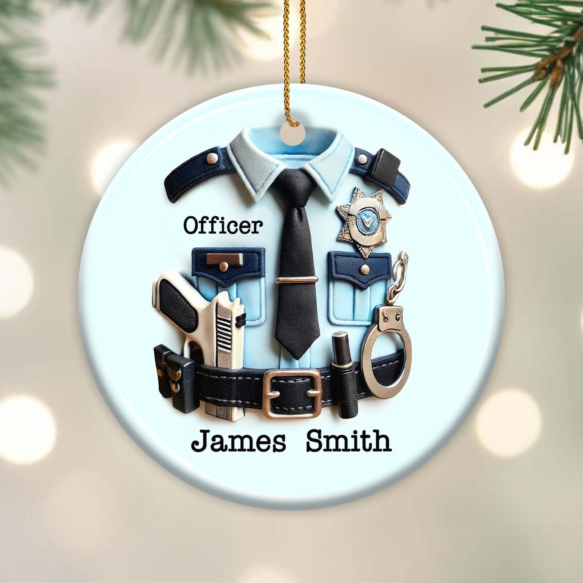 Ceramic Ornament material and size view - Personalized Police Officer Ornament