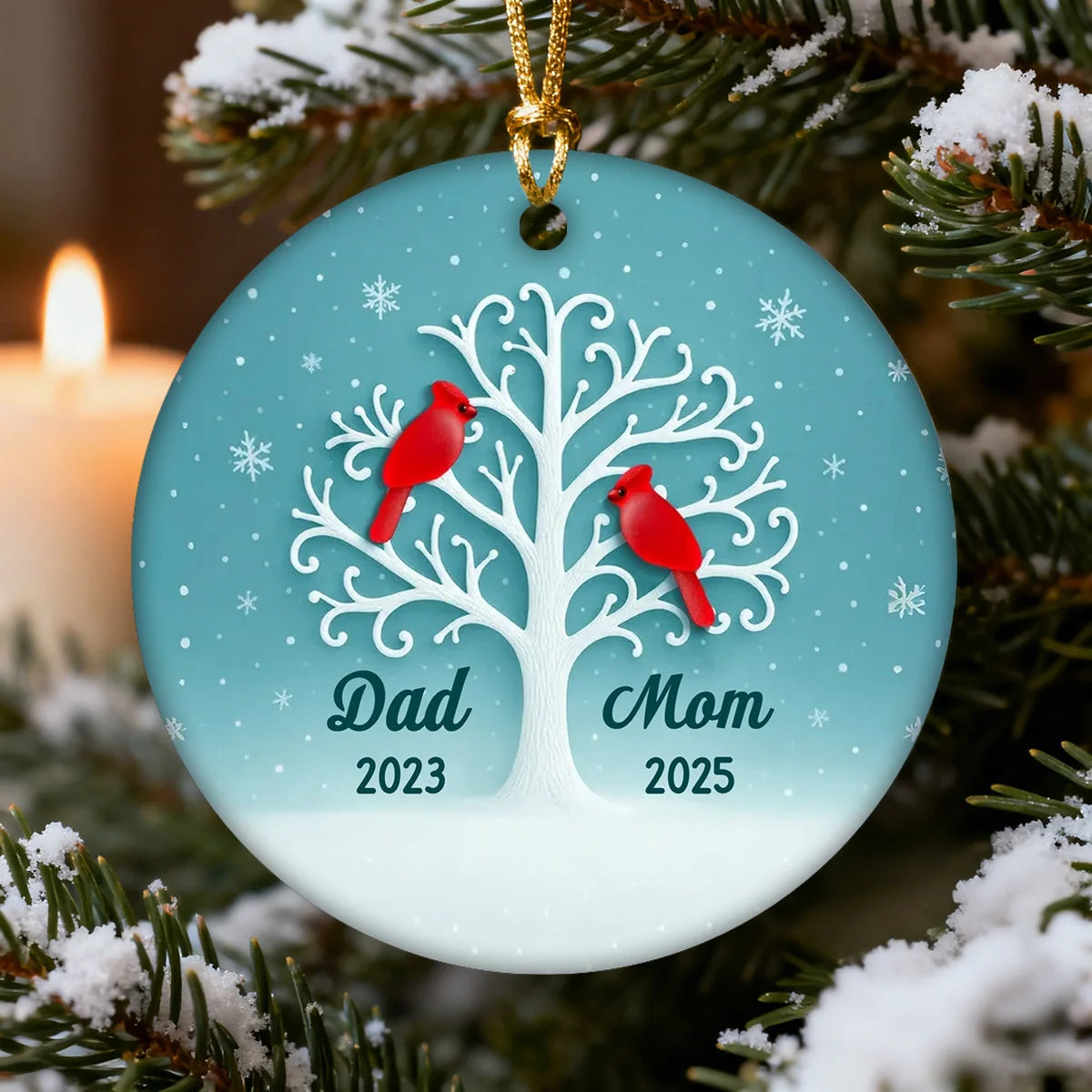Red Cardinal Memorial Tree Personalized Ceramic Ornament - Family Christmas Remembrance