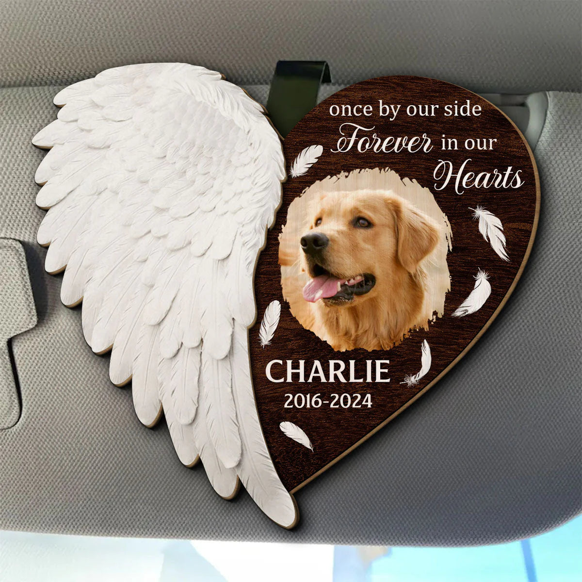 Personalized dog memorial car visor clip with angel wing design and custom photo print for pet remembrance