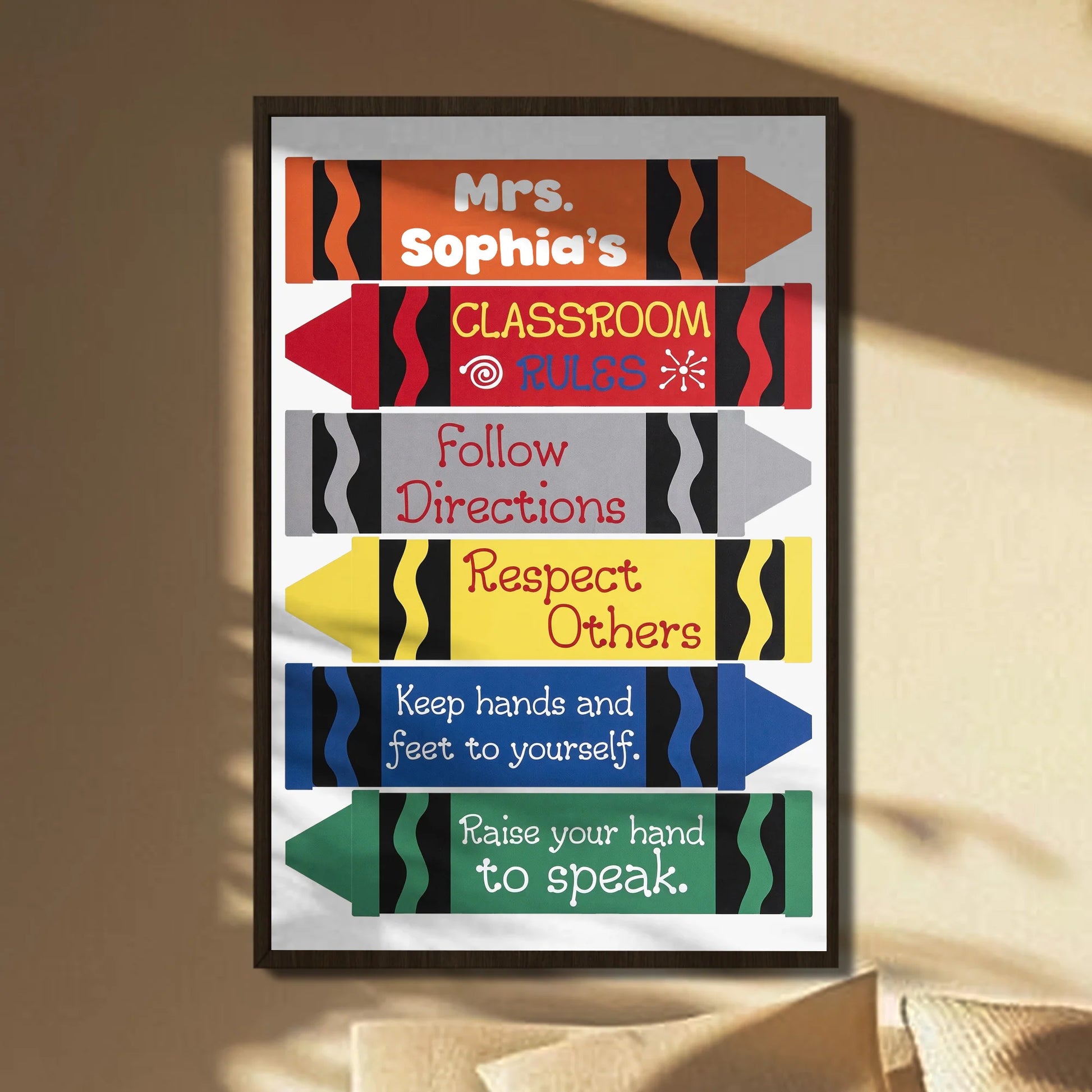 Personalized teacher classroom rules poster with colorful crayons decor vertical wall art