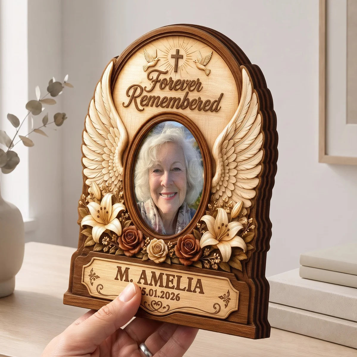 Forever Remembered Angel Wings - Personalized Memorial Wooden Block for Family Keepsake