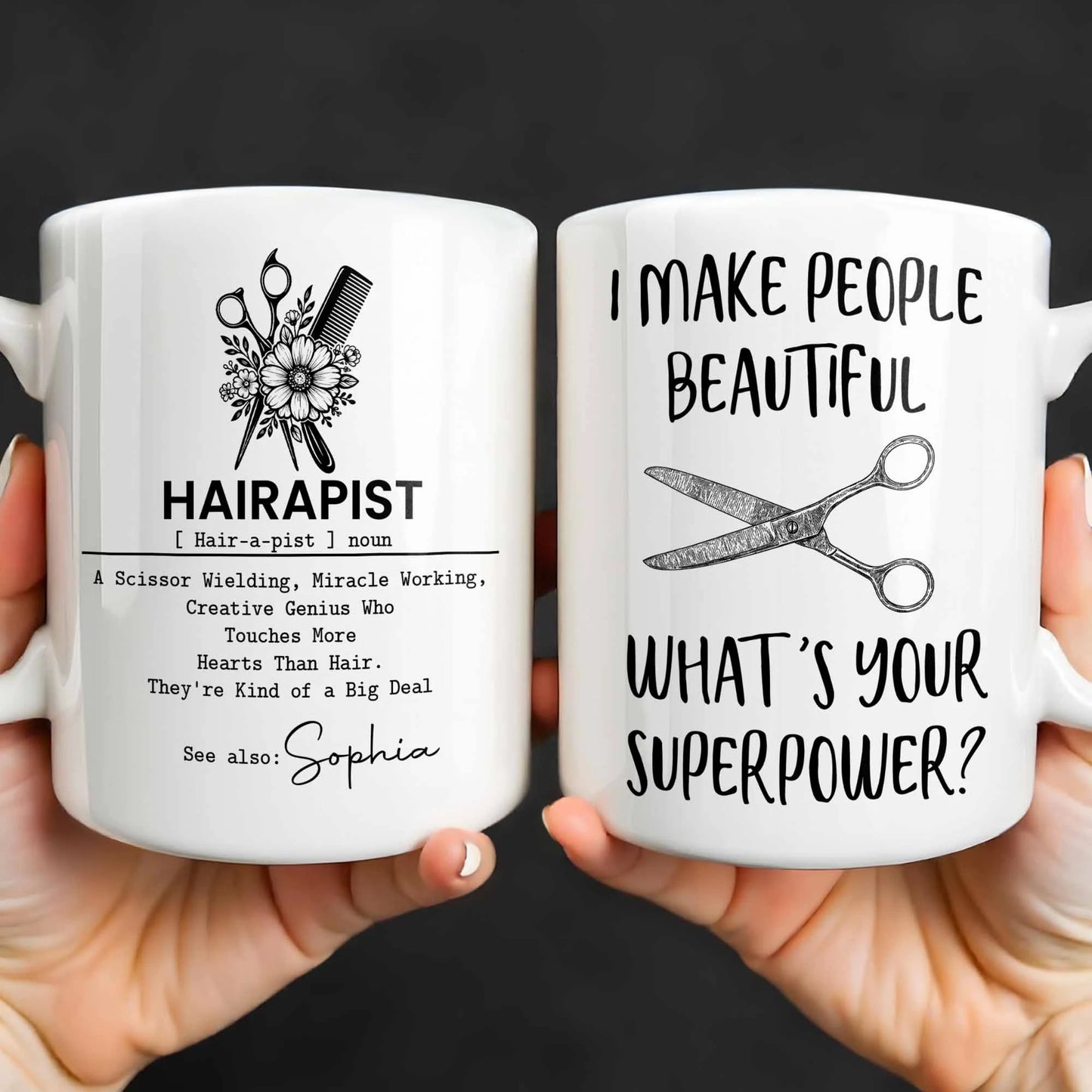 Personalized hair stylist mug featuring Hairapist definition and floral scissors design for hairdresser gifts