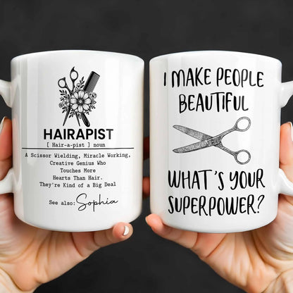 Personalized hair stylist mug featuring Hairapist definition and floral scissors design for hairdresser gifts
