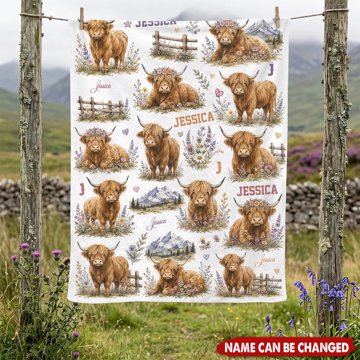 Personalized Highland Cow Baby Blanket - Custom Name Keepsake Gift