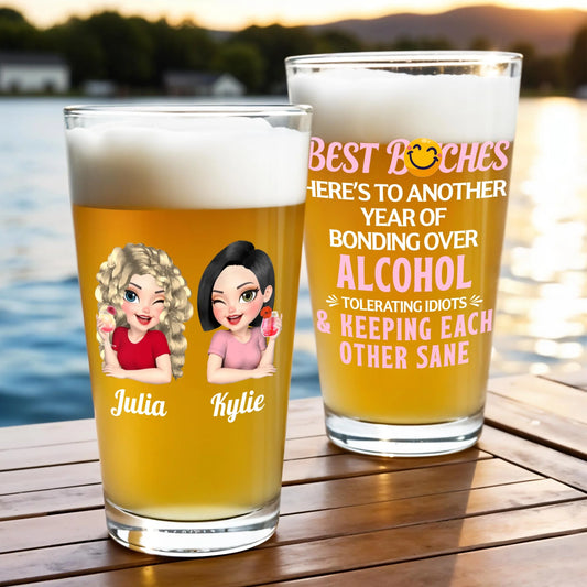 Best Bitches Bonding Over Alcohol Personalized Custom Beer Glass - Funny BFF Birthday Keepsake Gift for Best Friends