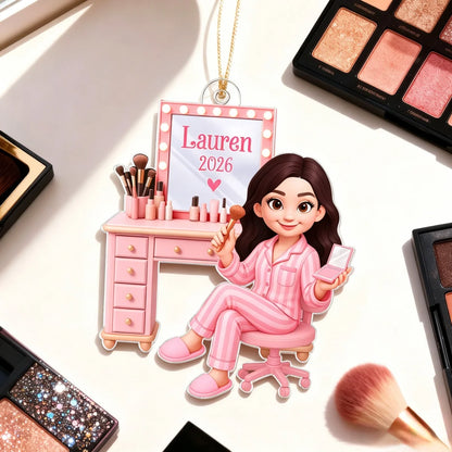 Personalized Pink Makeup Acrylic Ornament - Custom Vanity Christmas Gift for Daughter & Granddaughter