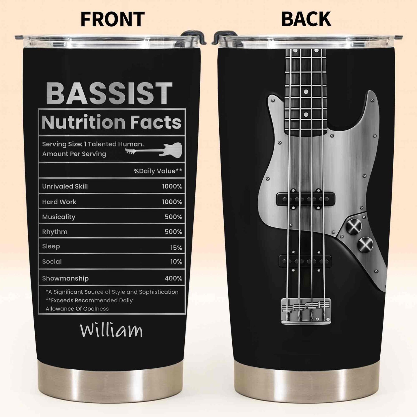Bassist Nutrition Facts Tumbler for Dad with personalized design details for meaningful gifting image 6
