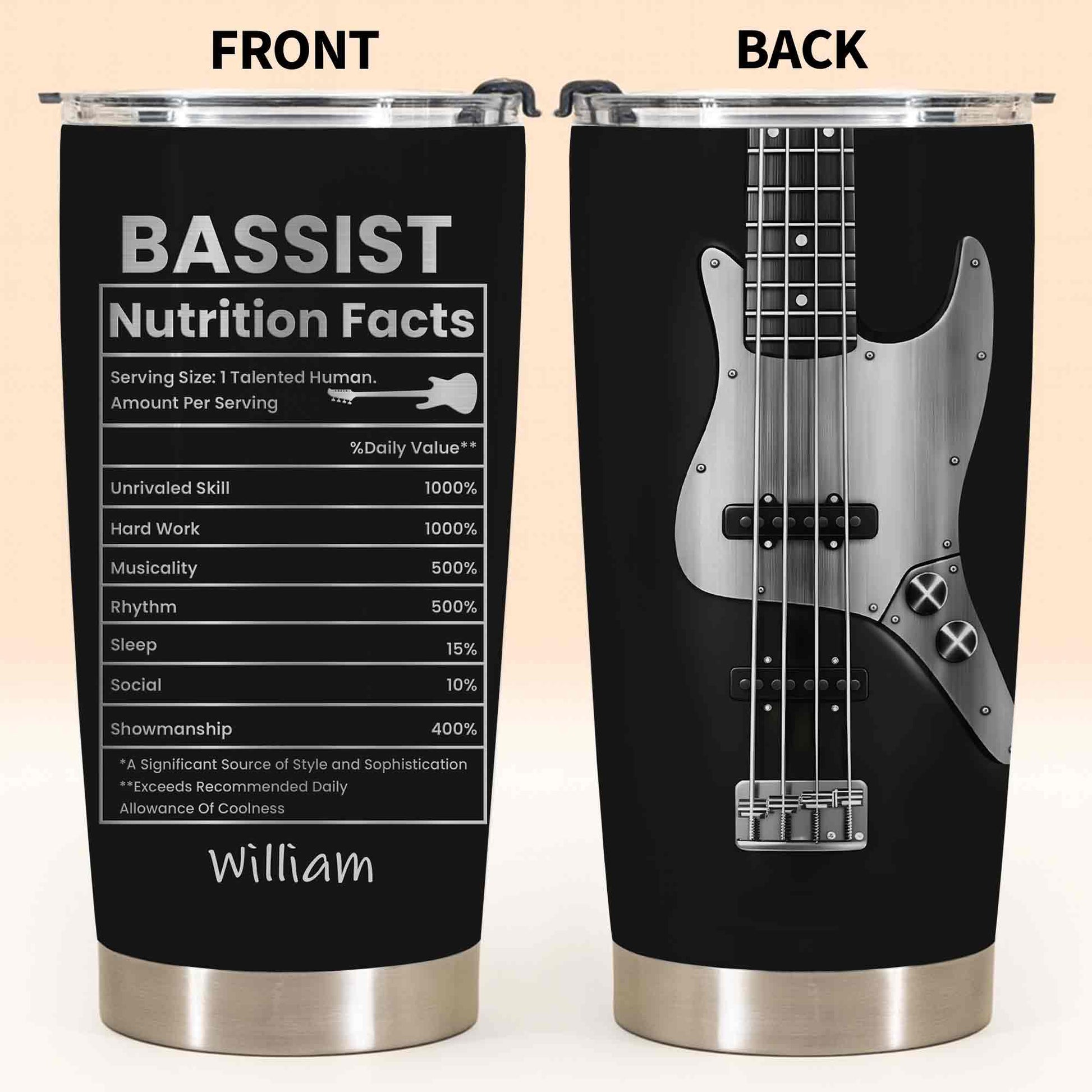 Bassist Nutrition Facts Tumbler for Dad with personalized design details for meaningful gifting image 6
