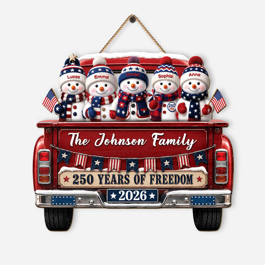 250 Years of Freedom Personalized Family Wood Sign - Custom Patriotic Christmas Snowman Truck Sign for Holiday Decor