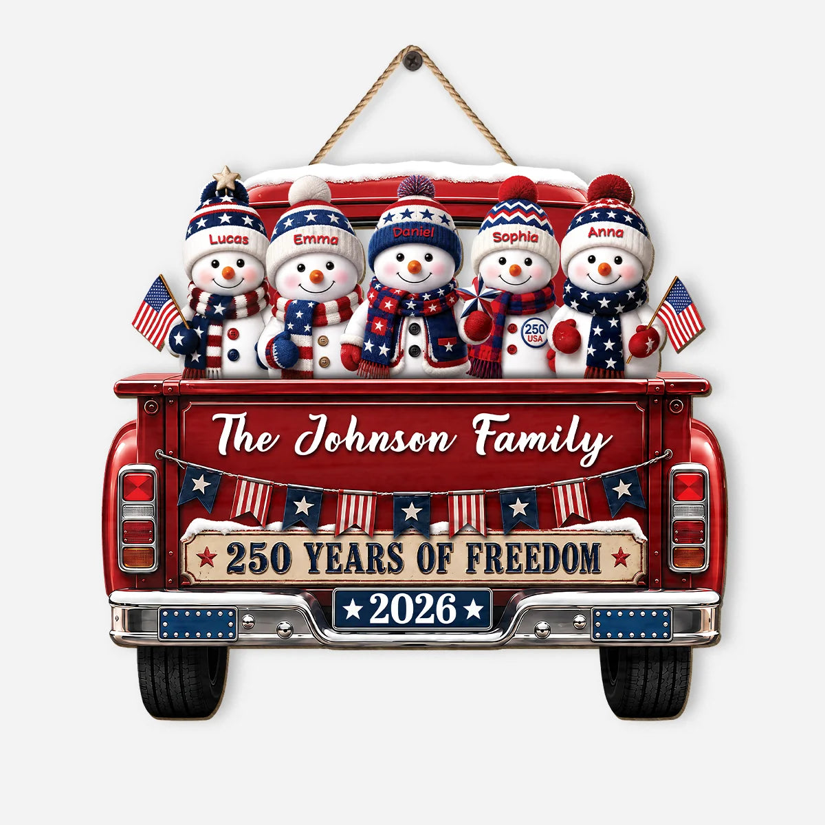 250 Years of Freedom Personalized Family Wood Sign - Custom Patriotic Christmas Snowman Truck Sign for Holiday Decor