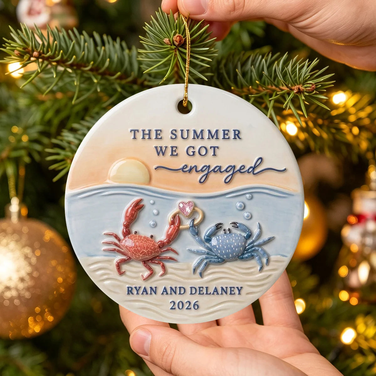 "The Summer We Got Engaged" Crab Ceramic Ornament - Custom Beach Proposal Keepsake for Couples