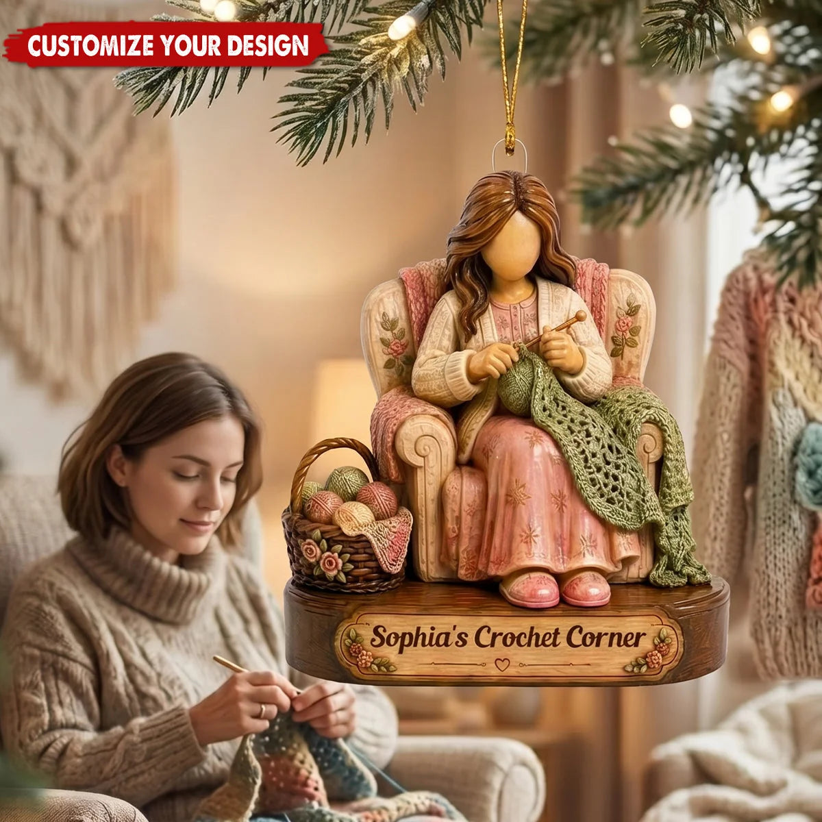 Custom Crochet Corner Wooden Ornament - Personalized Yarn Lover Christmas Gift