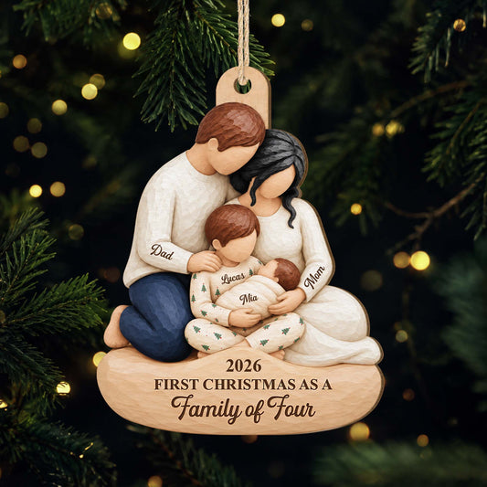 First Christmas as a Family of Four Personalized Wooden Ornament - Custom Holiday Keepsake