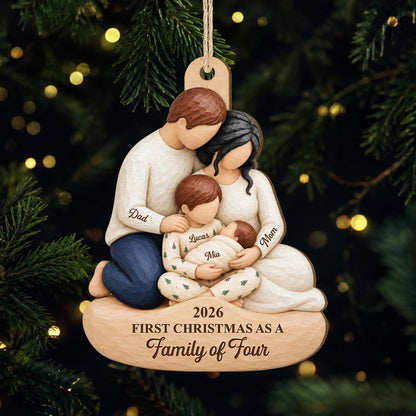 First Christmas as a Family of Four Personalized Wooden Ornament - Custom Holiday Keepsake