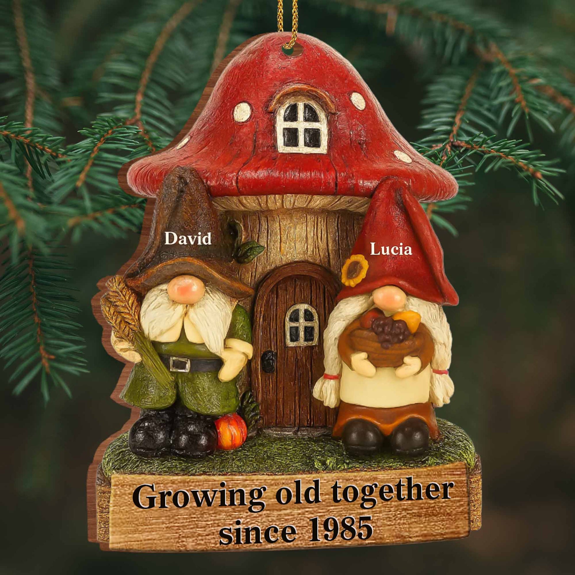 Personalized gnome couple wooden ornament with Growing Old Together printed quote for couples Christmas anniversary gift image 6