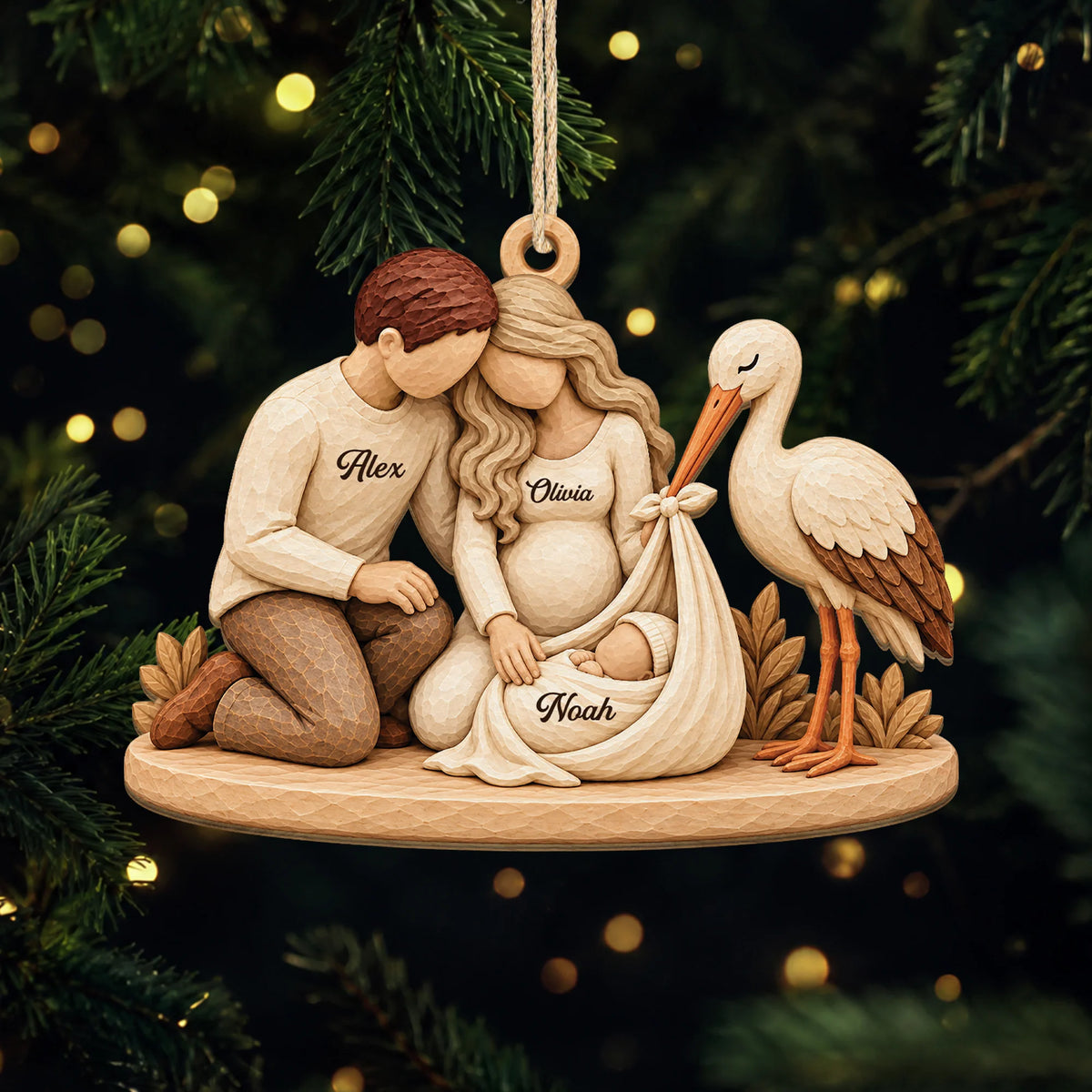 "We’re Expecting" Personalized Wooden Stork Ornament - Christmas Keepsake for Expecting Parents