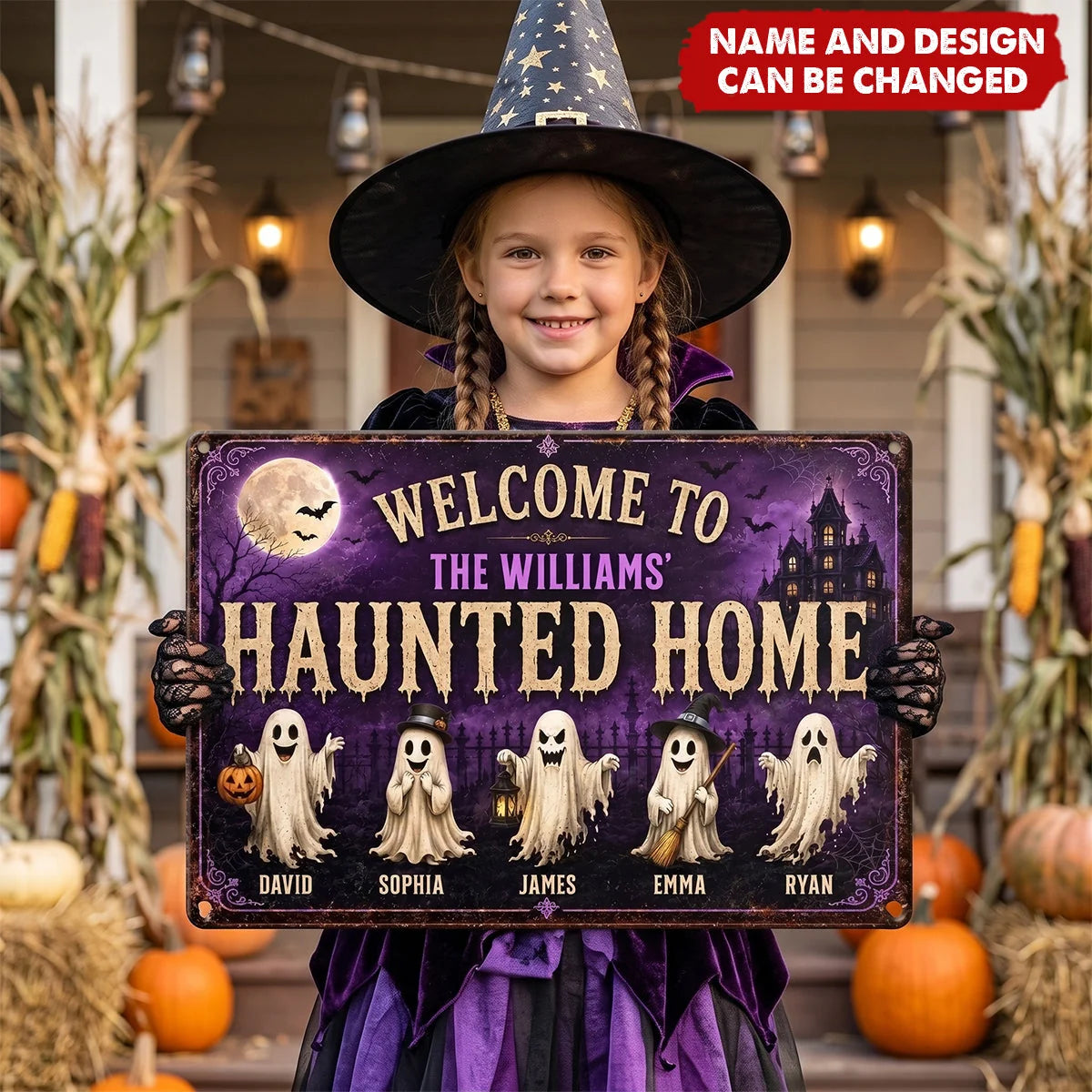 Welcome To Our Haunted Home Custom Ghost Family Metal Sign - Personalized Halloween Decor Gift