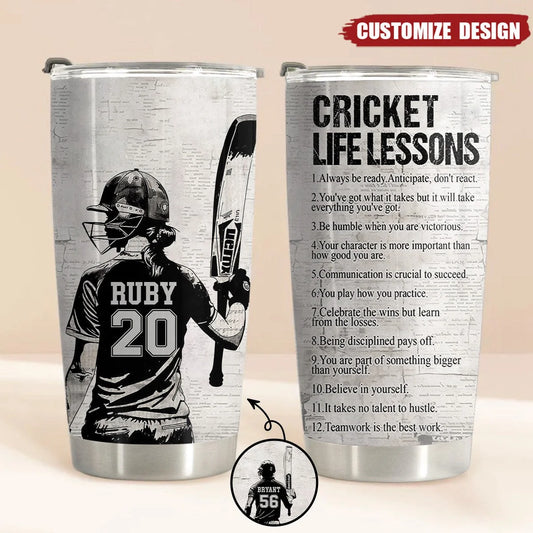 Cricket Life Lessons – Personalized Tumbler for Cricket Lovers, Custom Name Travel Cup