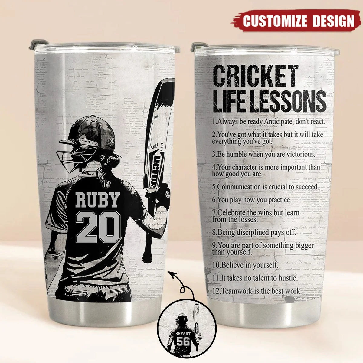 Cricket Life Lessons – Personalized Tumbler for Cricket Lovers, Custom Name Travel Cup