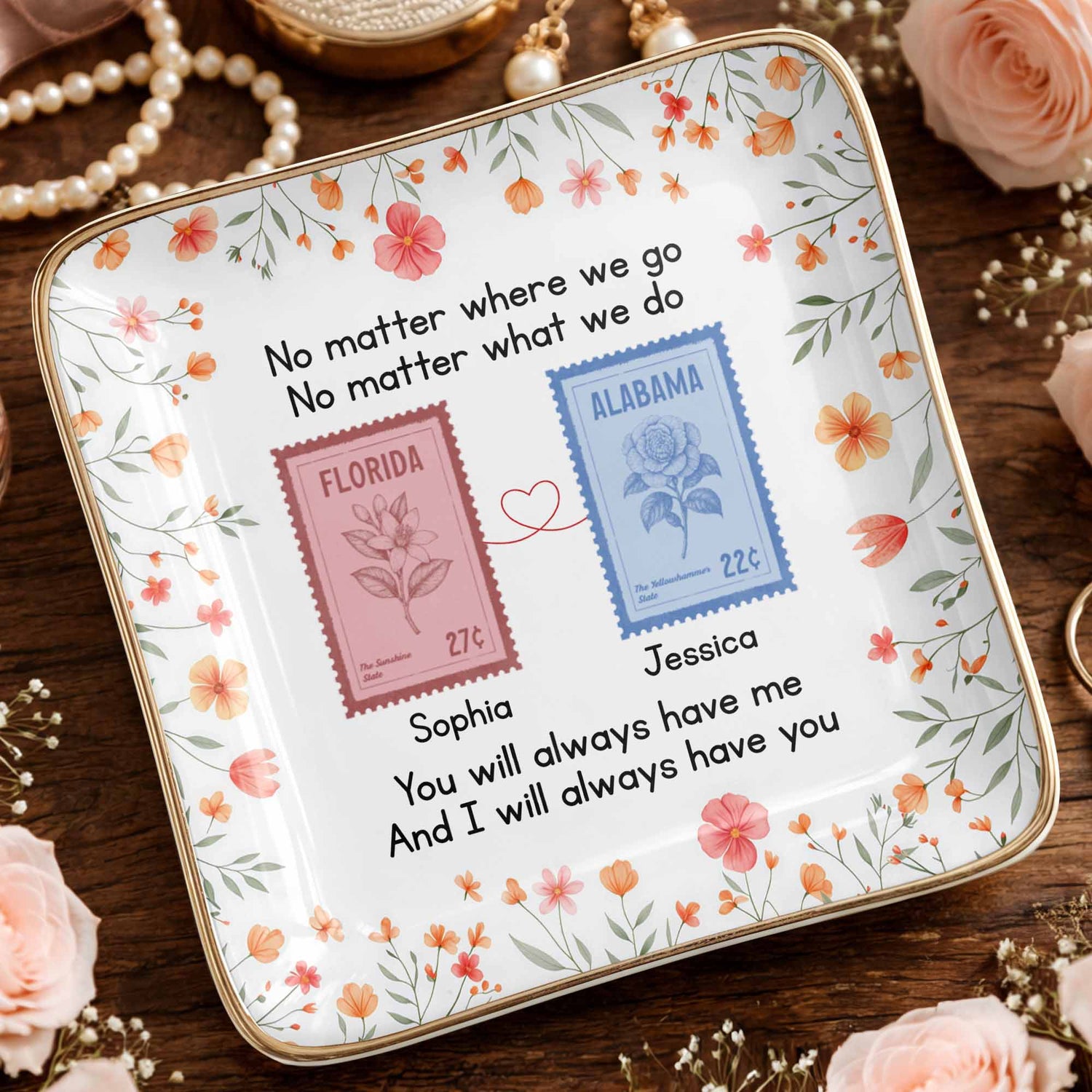 Personalized long distance friendship jewelry dish with floral state stamps for best friends