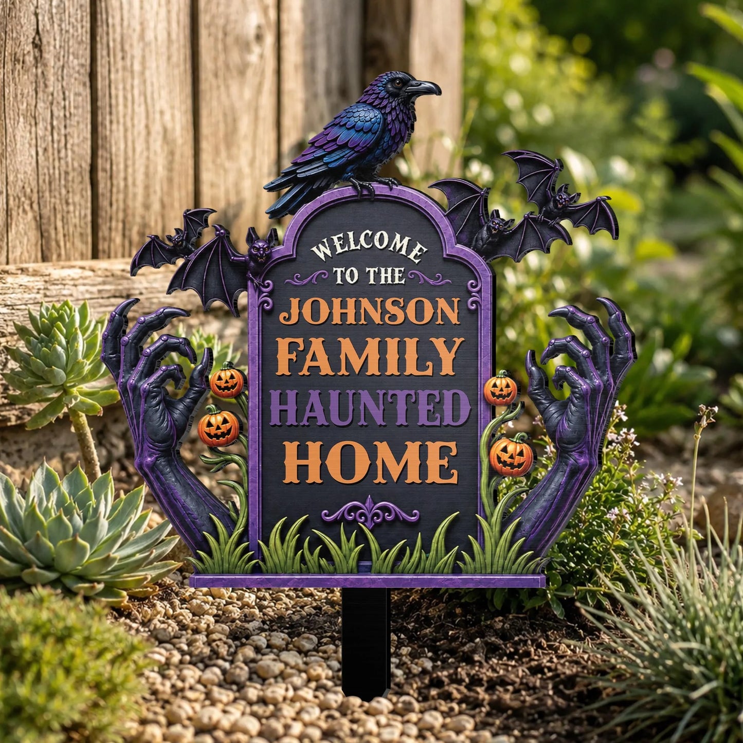 Welcome To Our Haunted Home - Personalized Halloween Metal Garden Stake Sign for Family Yard Decor