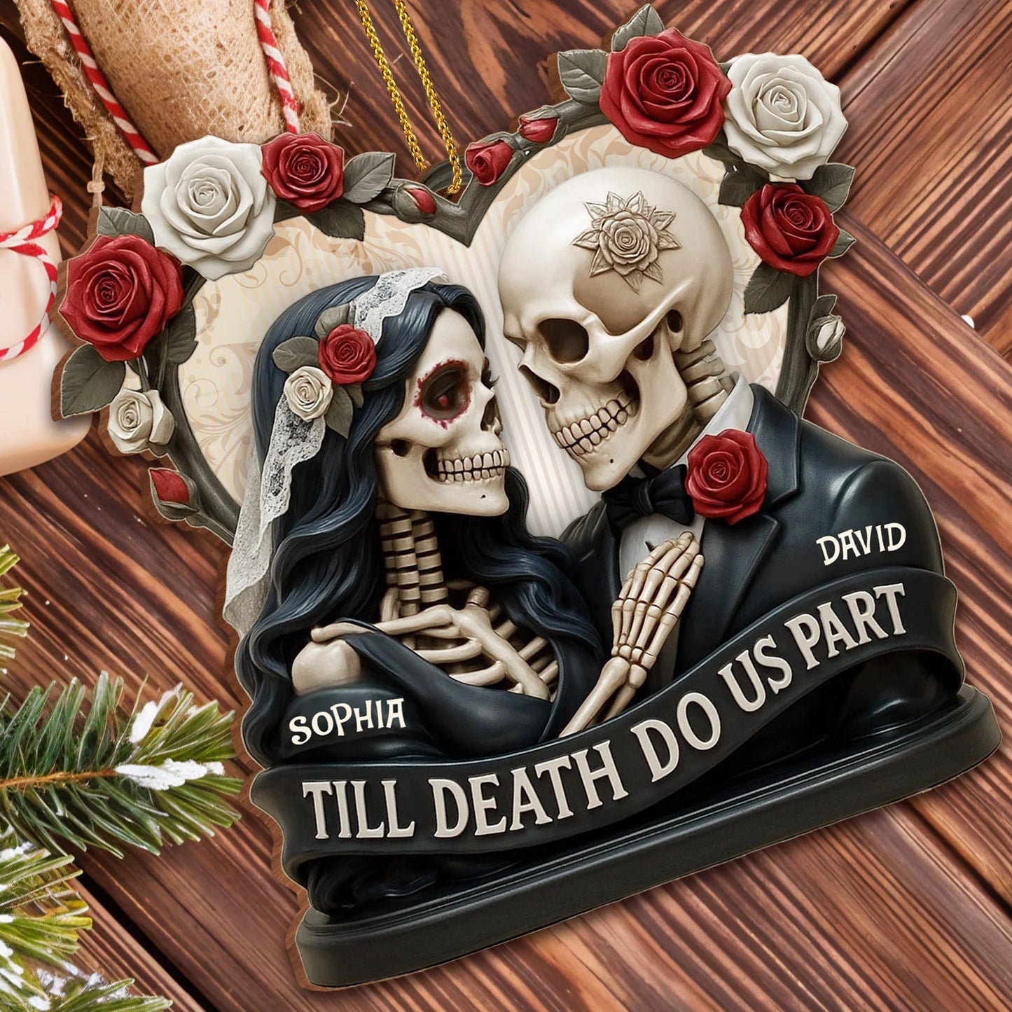 Till death do us part ornament featuring custom skeleton couple for anniversary gift