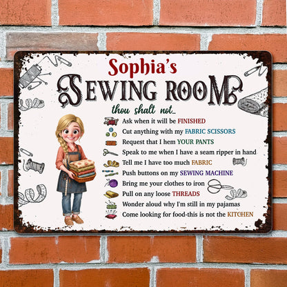Personalized Sewing Room Rules Metal Sign personalization view for Mom