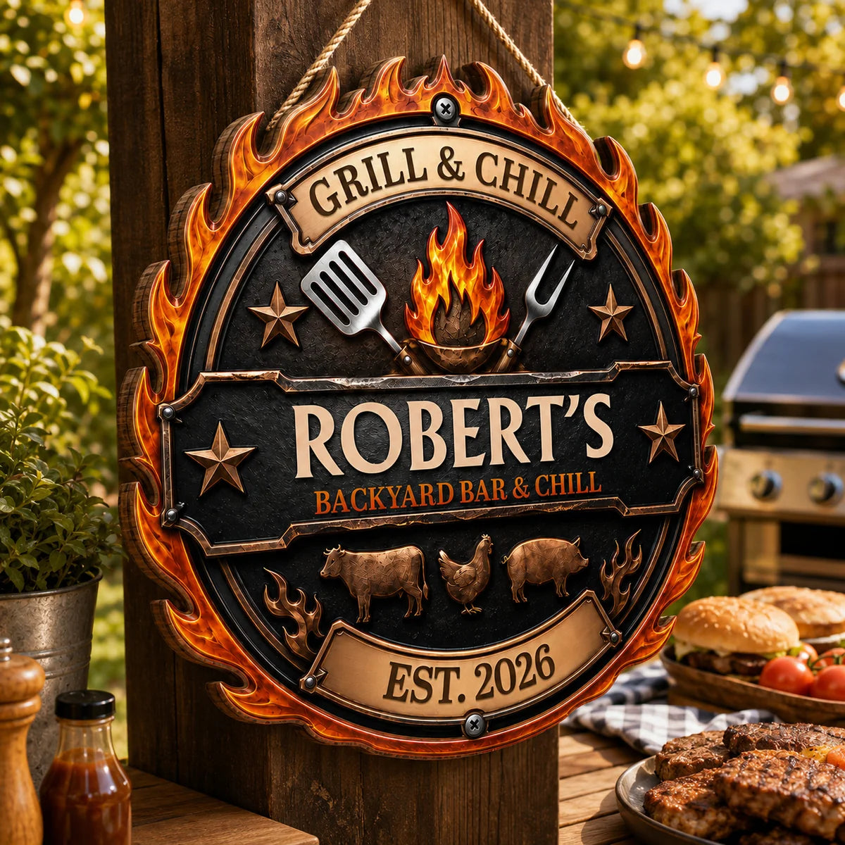 Grill & Chill Backyard Bar Personalized Wood Sign - Custom BBQ Decor Gift for Dad