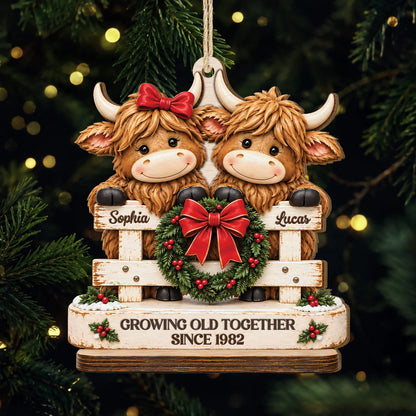 Growing Old Together Highland Cow Couple Wooden Ornament - Personalized Christmas Keepsake Gift for Couples