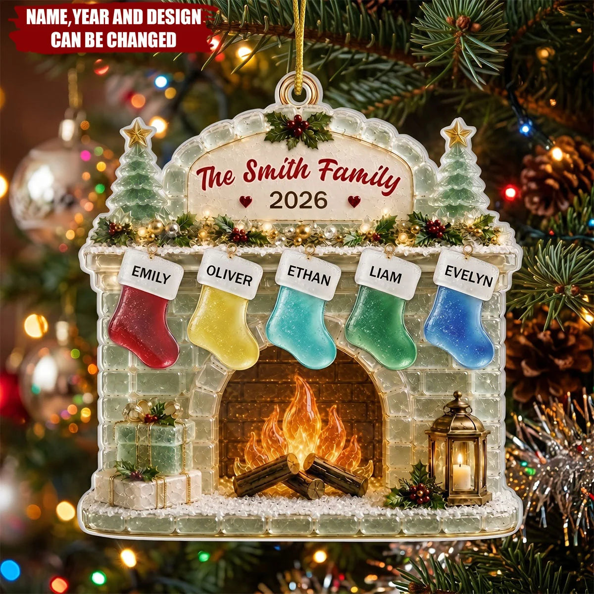 Fireplace Stockings Personalized Acrylic Ornament - Family Christmas Holiday Keepsake